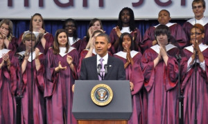 Barack Obama delivers keynote speech at Kalamazoo Central High School’s commencement ceremony in 2010. Photo courtesy of Kalamazoo Promise.